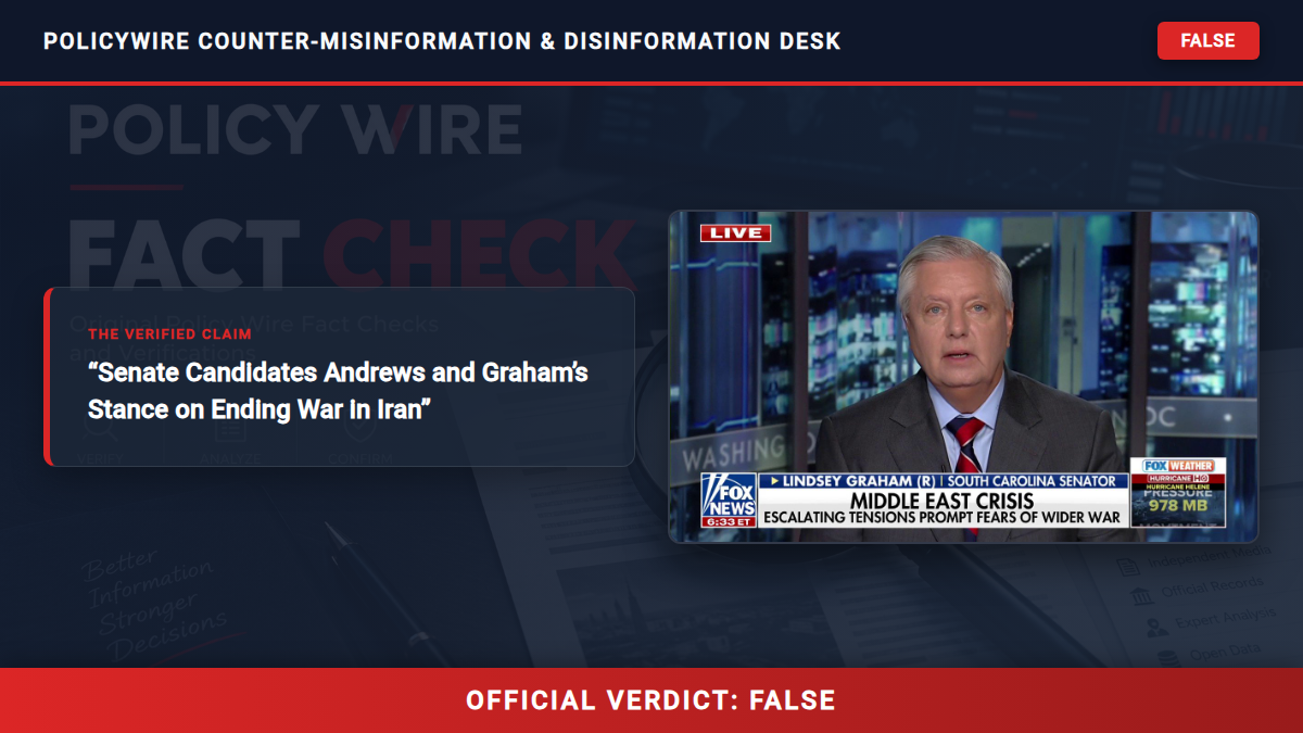 POLICY WIRE FACT CHECK: Senate Candidates Andrews and Graham’s Stance on Ending War in Iran Fact Check Card
