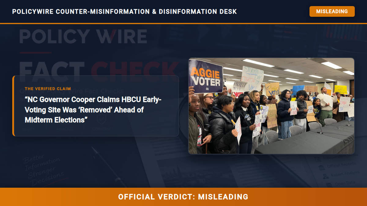 POLICY WIRE FACT CHECK: NC Governor Cooper Claims HBCU Early-Voting Site Was ‘Removed’ Ahead of Midterm Elections Fact Check Card
