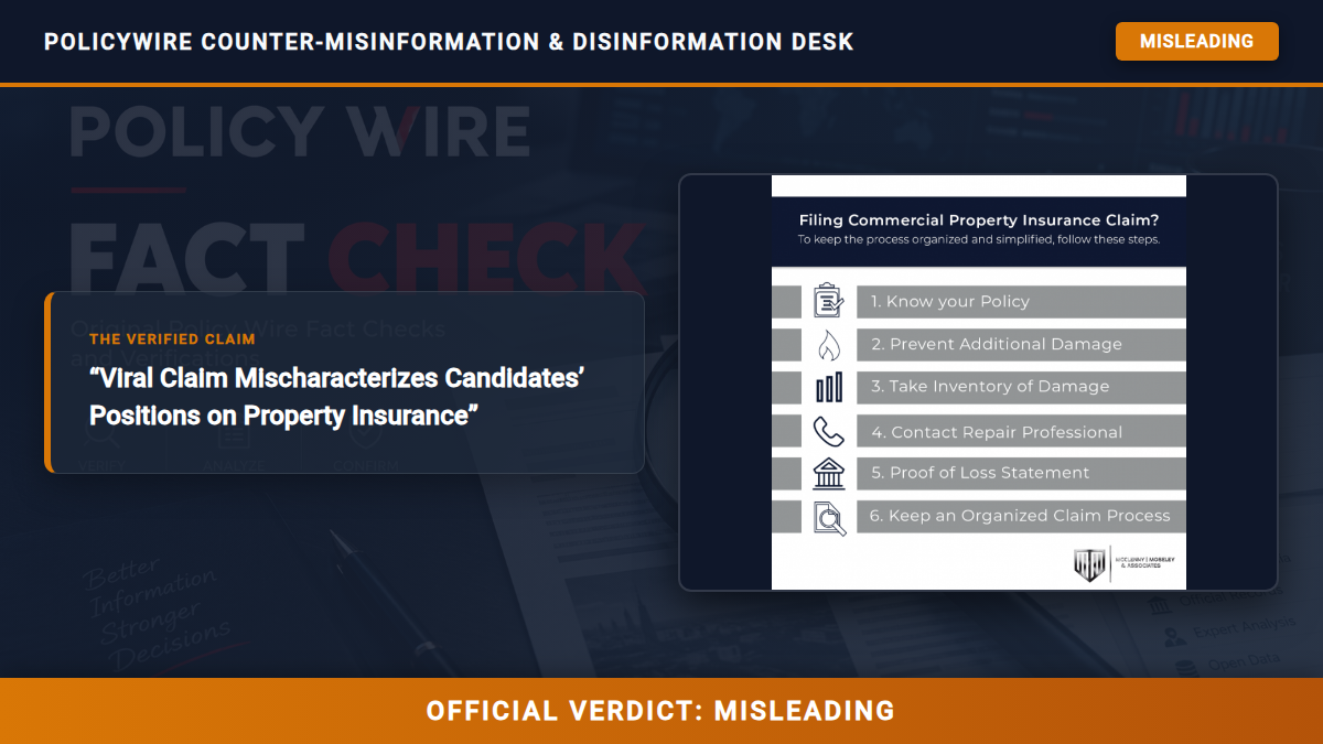 POLICY WIRE FACT CHECK: Viral Claim Mischaracterizes Candidates’ Positions on Property Insurance Fact Check Card