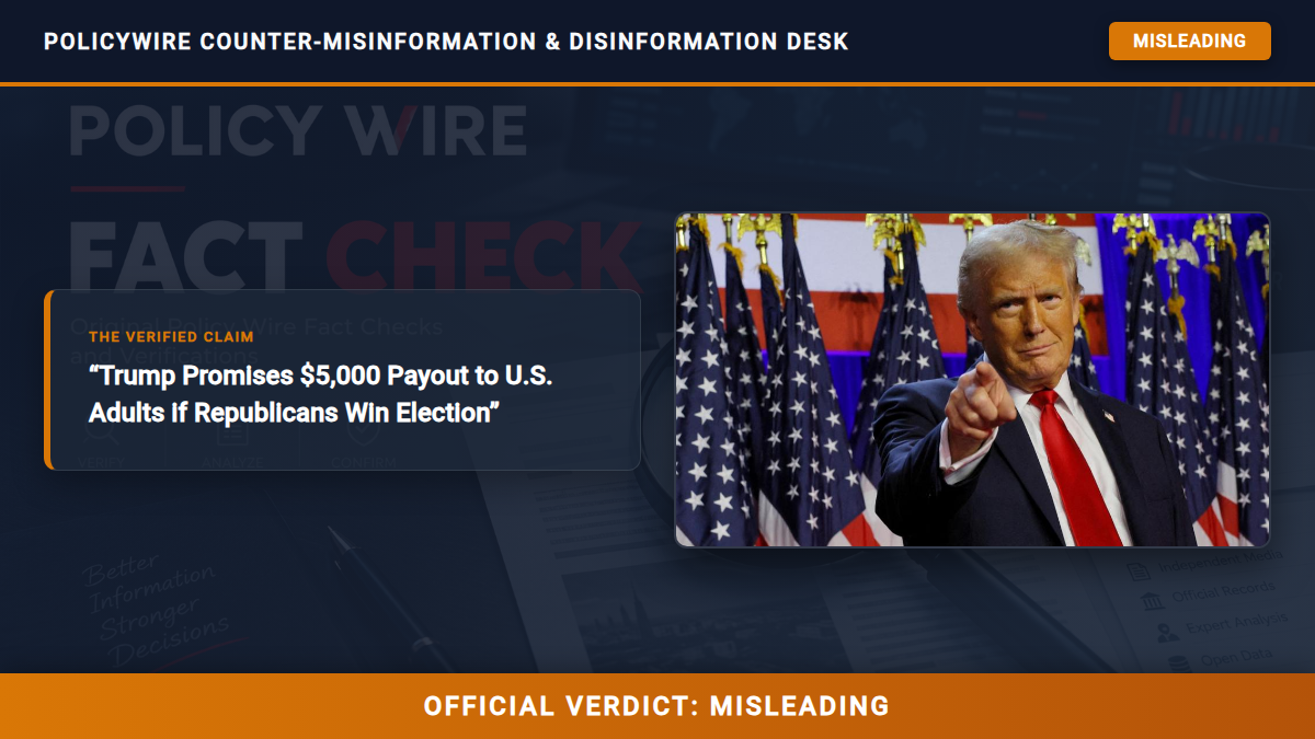 POLICY WIRE FACT CHECK: Trump Promises $5,000 Payout to U.S. Adults if Republicans Win Election Fact Check Card