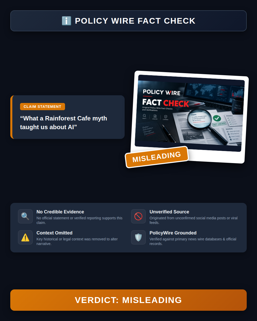 POLICY WIRE FACT CHECK: The Rainforest Cafe AI Myth and Digital Truth Fact Check Card